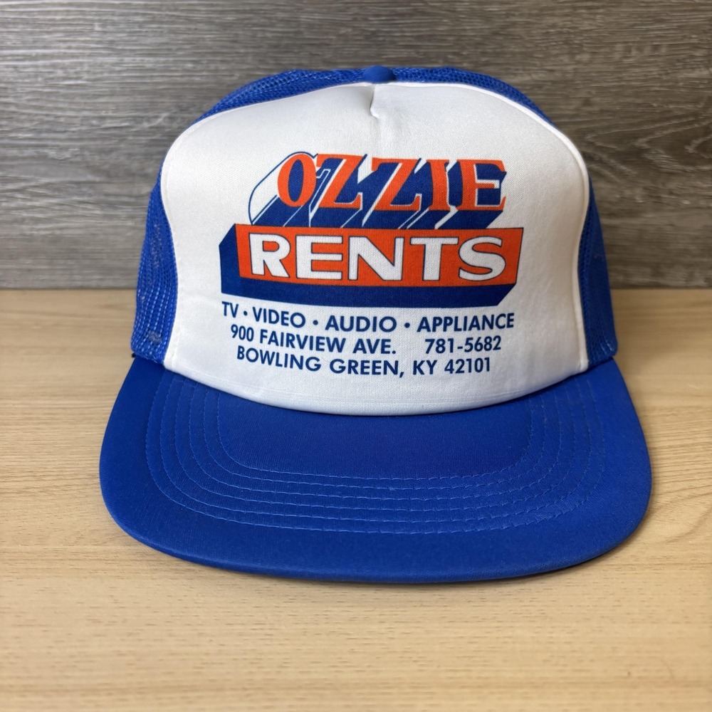 VINTAGE Ozzie Rents Hat Cap Snap Back Blue White Trucker Mesh Advertising 90s